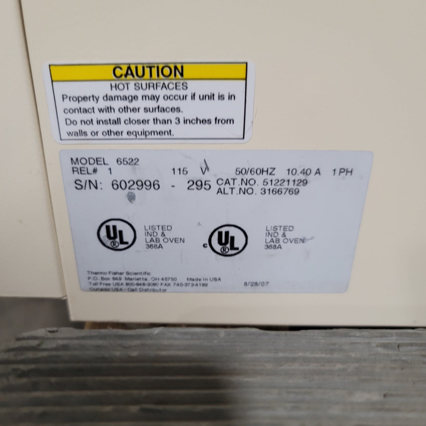 Used Thermo Scientific 6522 Gravity Convection Oven 2.5CuFt, 65-210°C, 120VAC 10A