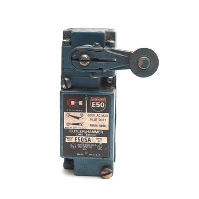 Used Eaton Cutler Hammer E50SA Limit Switch w/ Lever, 1NO/NC, 12VAC 10A / 125VDC 1A