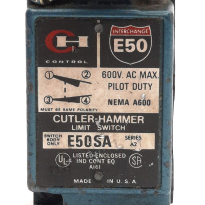 Used Eaton Cutler Hammer E50SA Limit Switch w/ Lever, 1NO/NC, 12VAC 10A / 125VDC 1A