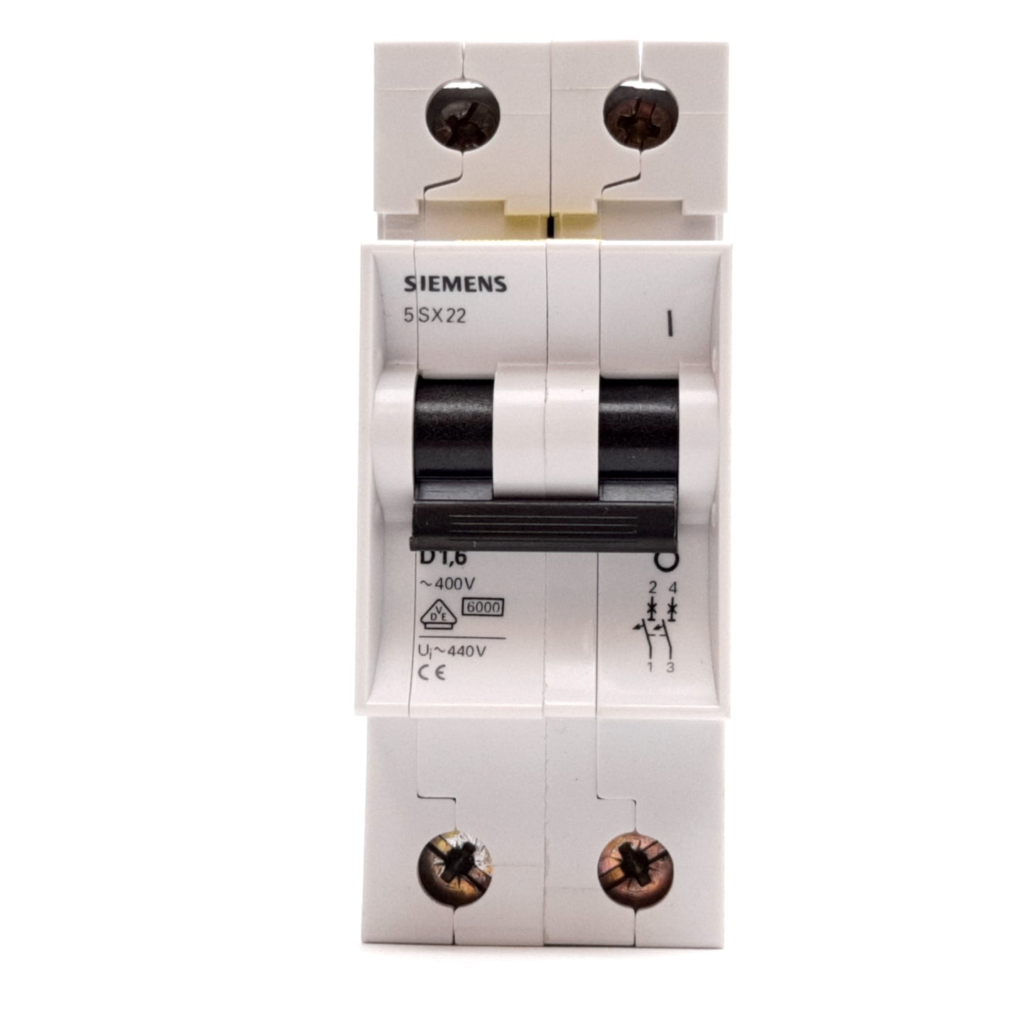 Used Siemens 5SX22 D1.6 Circuit Breaker, 2-Pole, D-Curve, Rating: 1.6A 480VAC