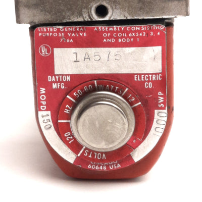Used Dayton 1A575 Solenoid Valve 150 Psi, 1/4" NPT, 28 SCFM Max, 120V AC Coil