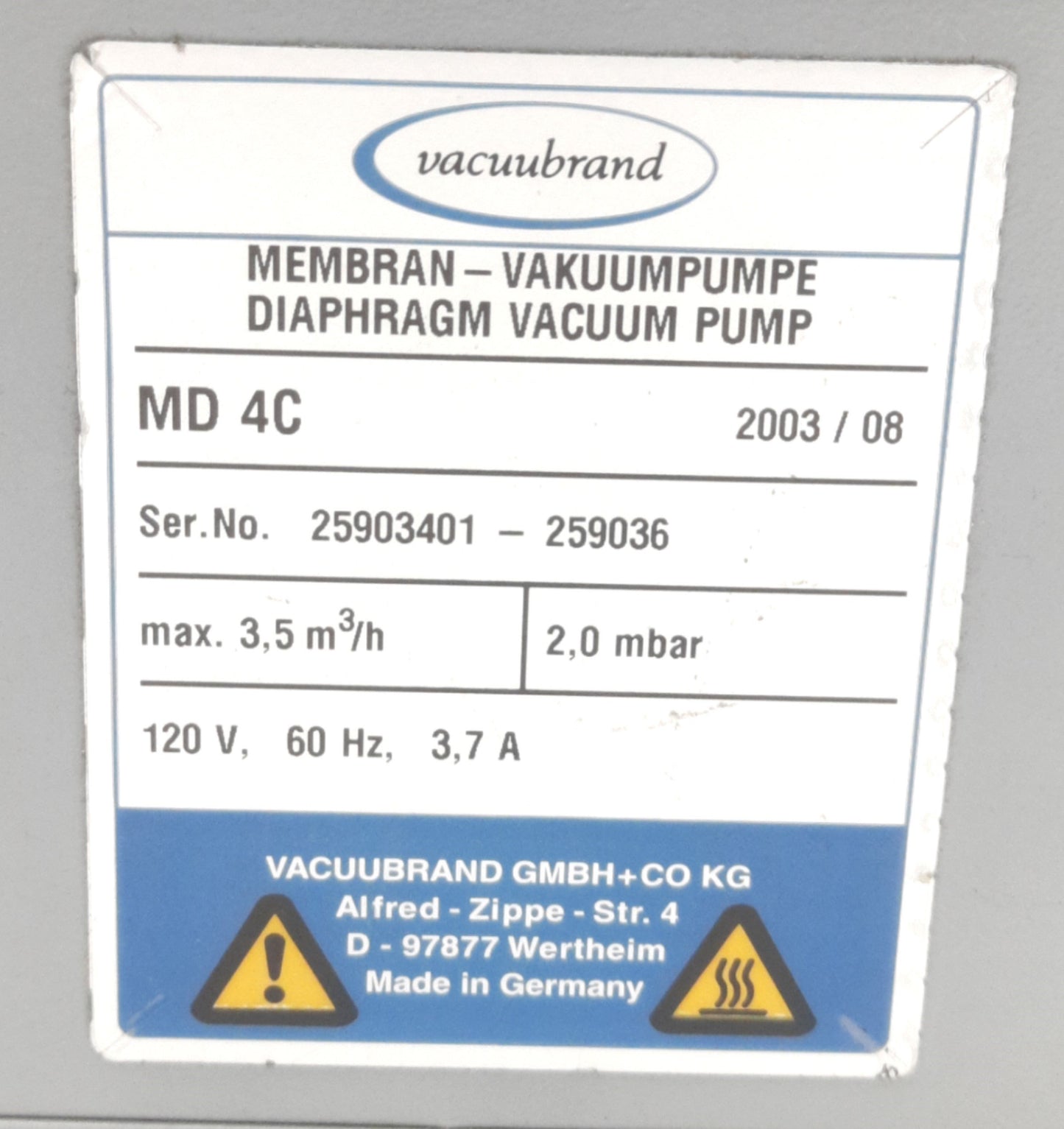 Used Vacuubrand MD 4C Diaphragm Vacuum Pump Head For PC600 Series, 2.0 mbar