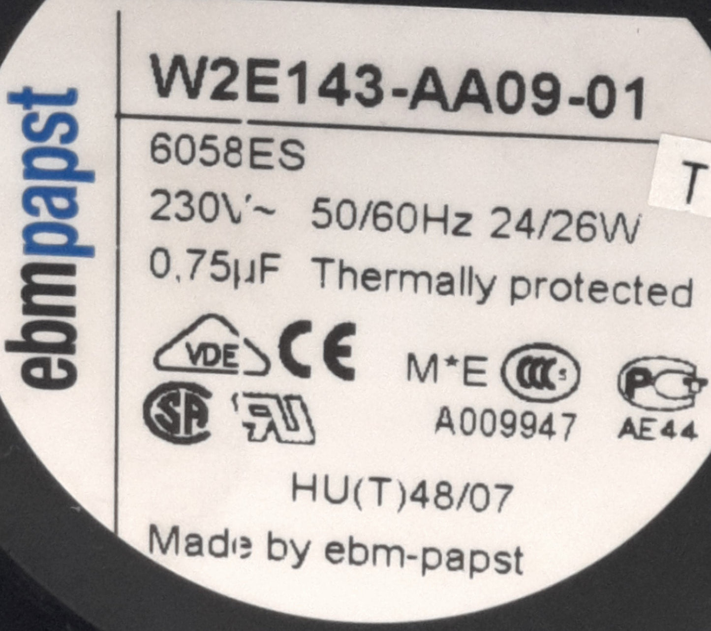 Used ebm-papst W2E143-AA09-01 AC Tubeaxial Fan, 230VAC, 258.9CFM, 60.0dB(A), 3300RPM