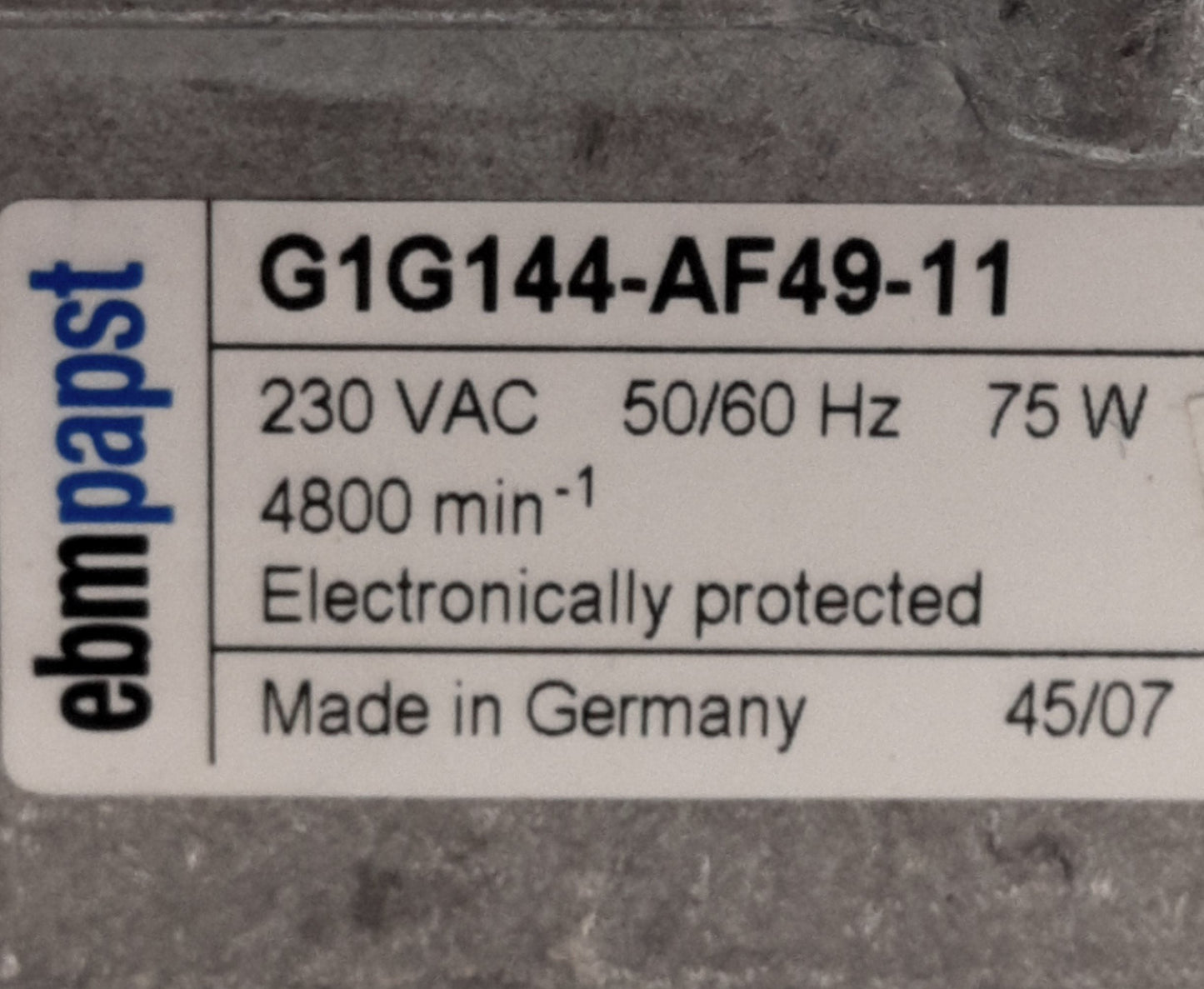 Used ebm-papst G1G144-AF49-11 Radial Blower with EC External-Rotor Motor, 230VAC 0.5A