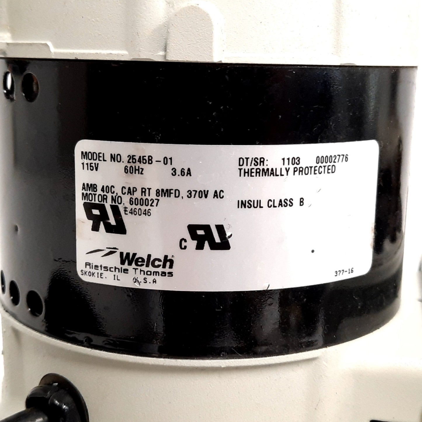 Used Welch 2545B-01 Vacuum Pump, 115VAC 60Hz 3.6A, Motor: 1/4HP, Flow: 1.6 CFM
