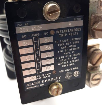Used Allen Bradley 809-A12E Instantaneous Trip Current Relay 120-600VAC 56A NEMA B600