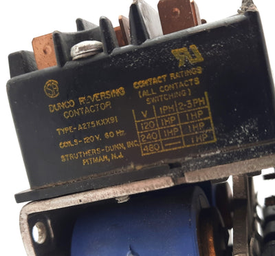 Used Dunco Reversing A275KXX91 Contactor,Motor Reversing 4 SPDT 120VAC 15A 3PST-NO
