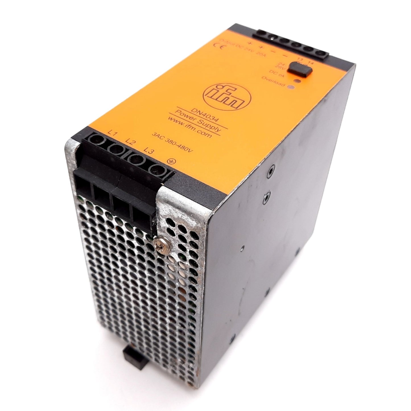 Used IFM DN4034 Power Supply, In: 3-Phase 380-480VAC 0.9-0.65A, Out: 24VDC 20A 480W