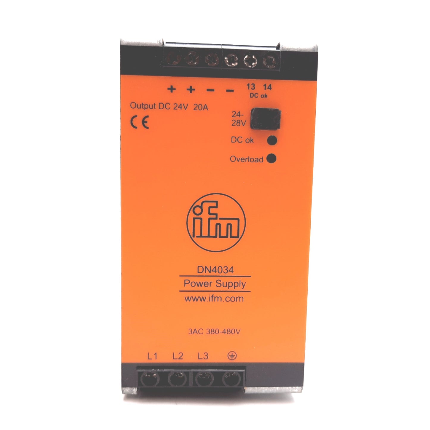 Used IFM DN4034 Power Supply, In: 3-Phase 380-480VAC 0.9-0.65A, Out: 24VDC 20A 480W
