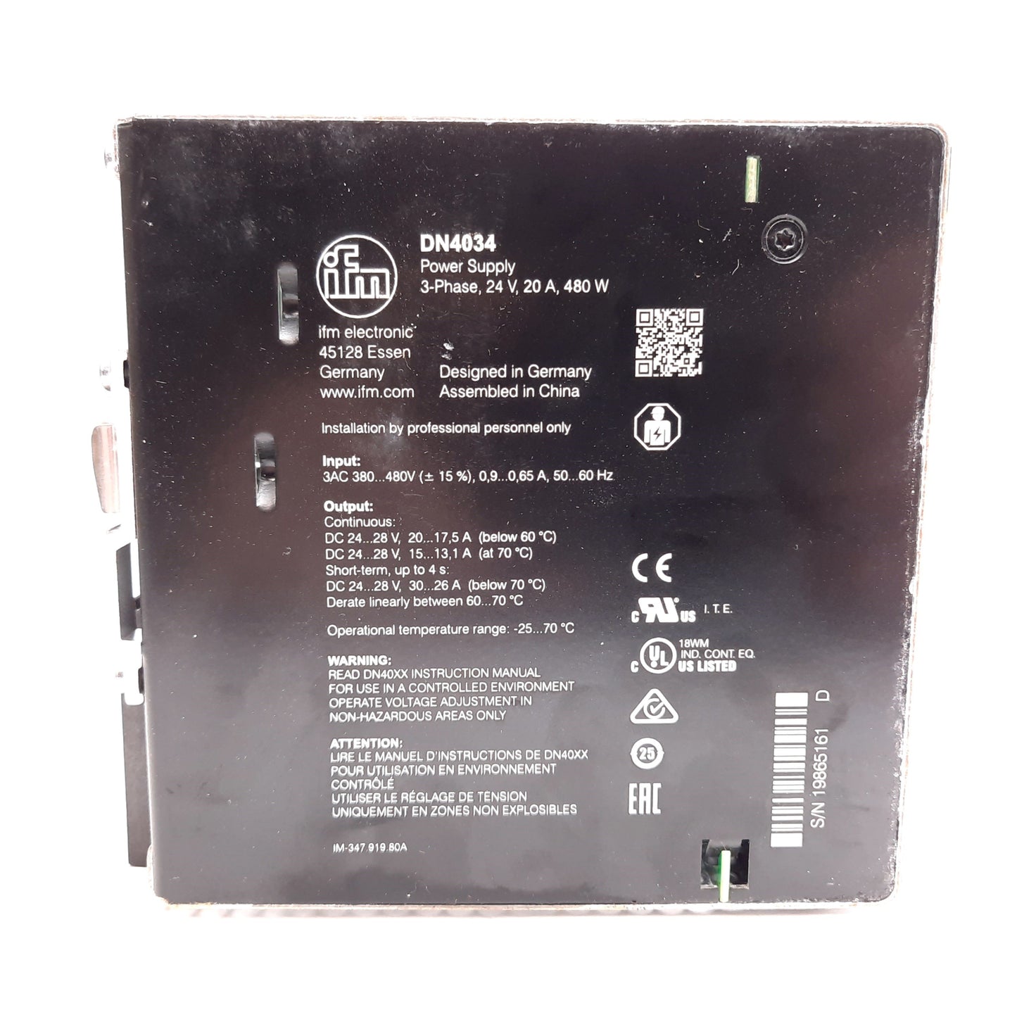 Used IFM DN4034 Power Supply, In: 3-Phase 380-480VAC 0.9-0.65A, Out: 24VDC 20A 480W