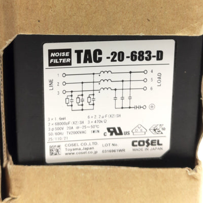 New – Open box Cosel TAC-20-683-D EMI/EMC Filter, 3-Phase, Rating: 20A 500V AC, 150kHz to 1MHz