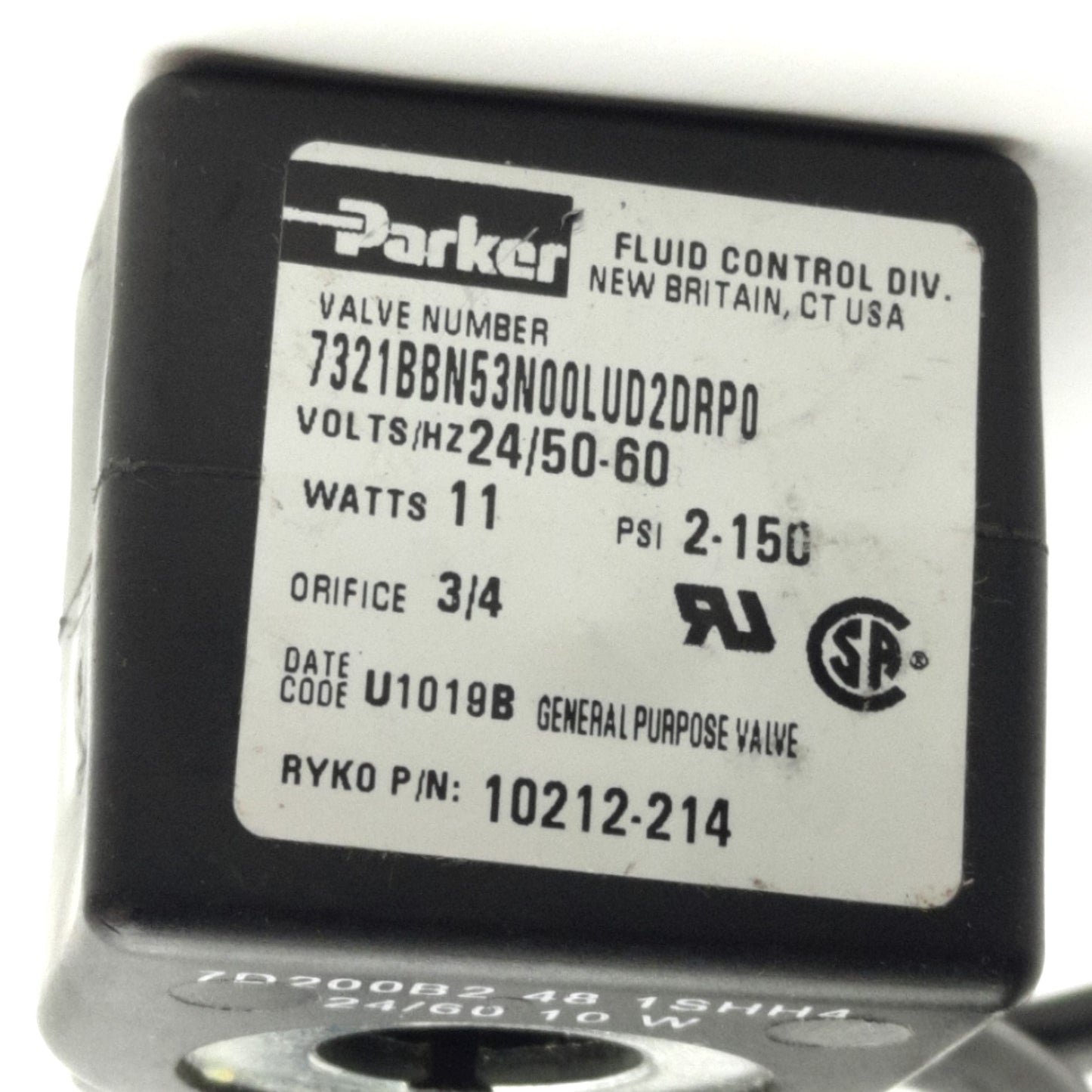 Used Parker 7321BBN53N00LUD2DRP0 Solenoid Coil, 24V AC 50/60HZ 11W, DIN Spade