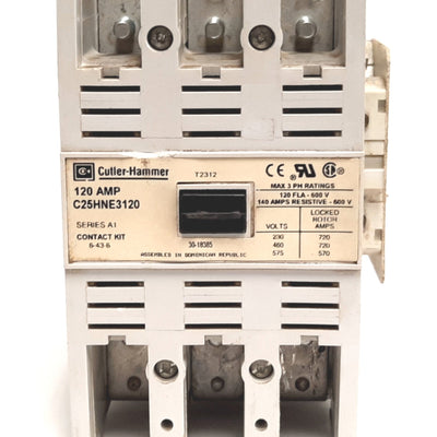 Used Cutler Hammer C25HNE3120 Contactor, 3-Pole, Coil: 220/240VAC, Rating: 120A 600V