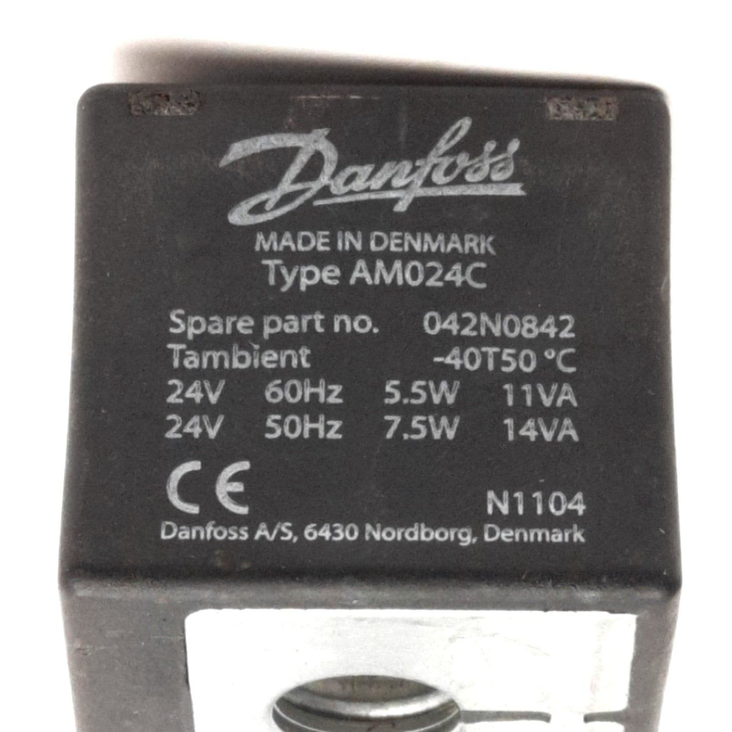 Used Danfoss 042N0842 / AM024C Solenoid Coil 24V AC 50/60Hz, 7.5/5.5W, DIN Spade