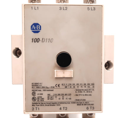 Used Allen Bradley 100-D110 Contactor, 3-Pole, Coil: 110/120VAC, With 100-D Auxiliary