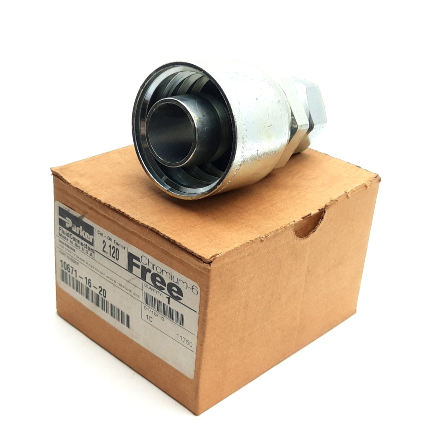 New – Open box Parker 10671-16-20 Female Straight Swivel Fitting, 1" SAE45° to 1-1/4" JIC37°