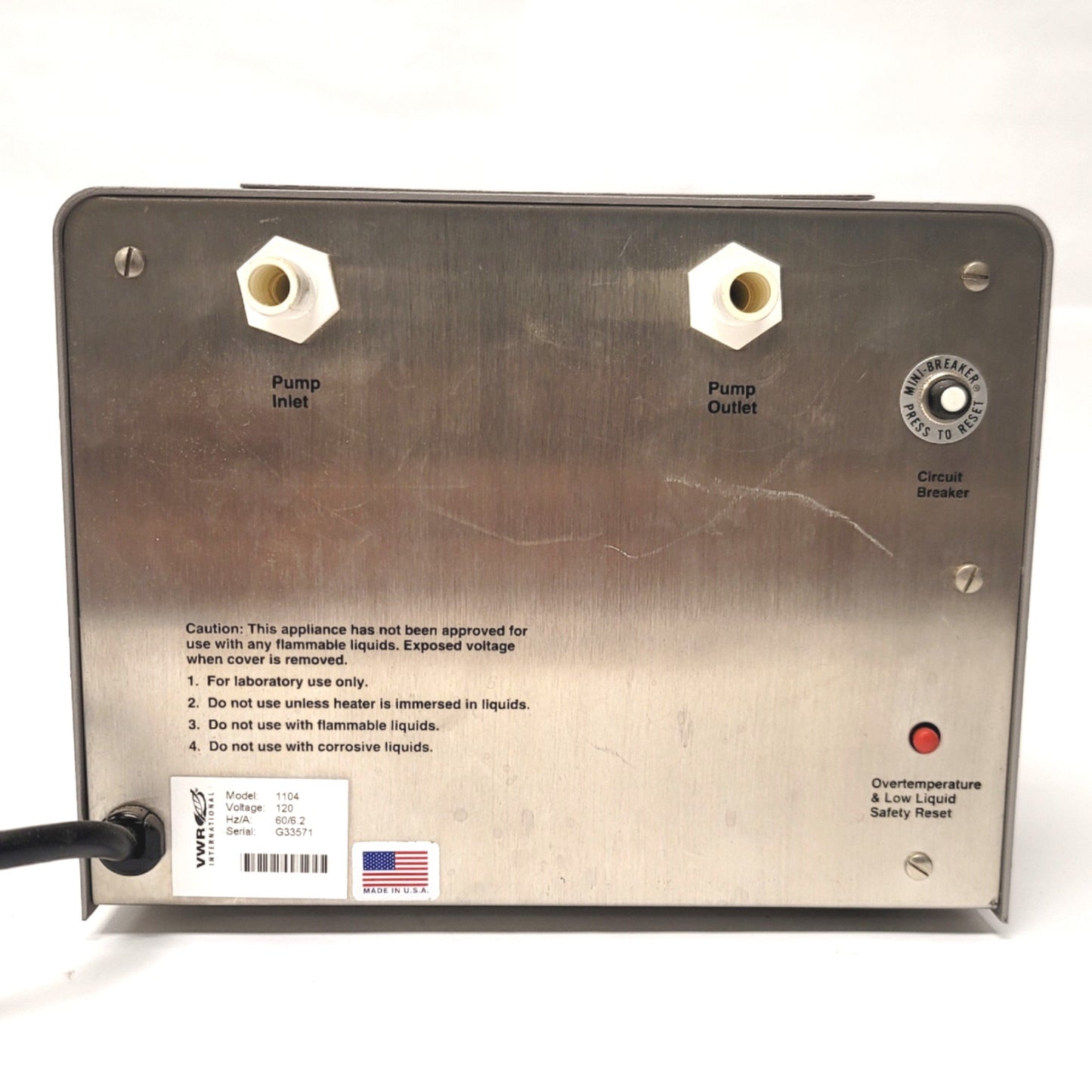 Used VWR 1104 Heated Recirculator 750W, 3GPM, 1/2"NPT, 120VAC 7A, Ambient to 70°C