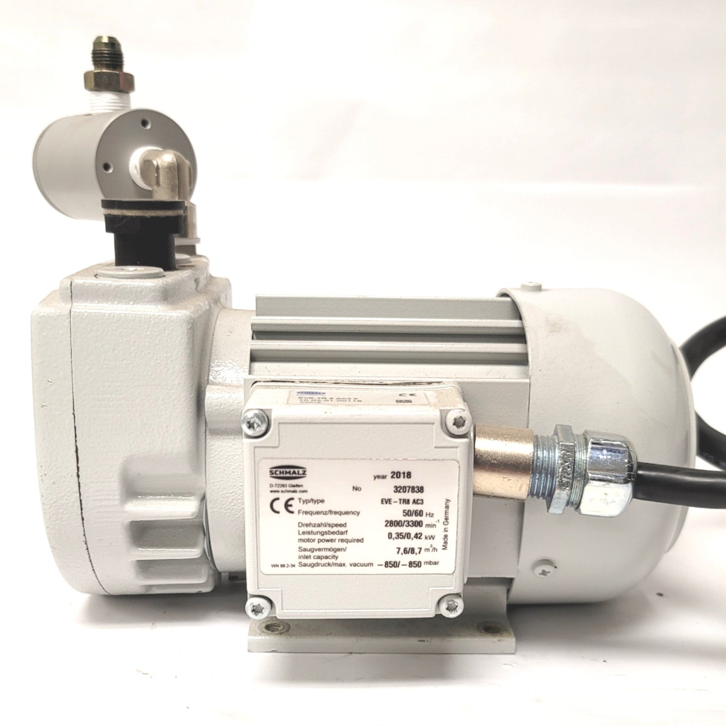 Used SCHMALZ EVE-TR 8 AC3 F Rotary Vane Vacuum Pump -850mbar, 230/460VAC 3-Ph