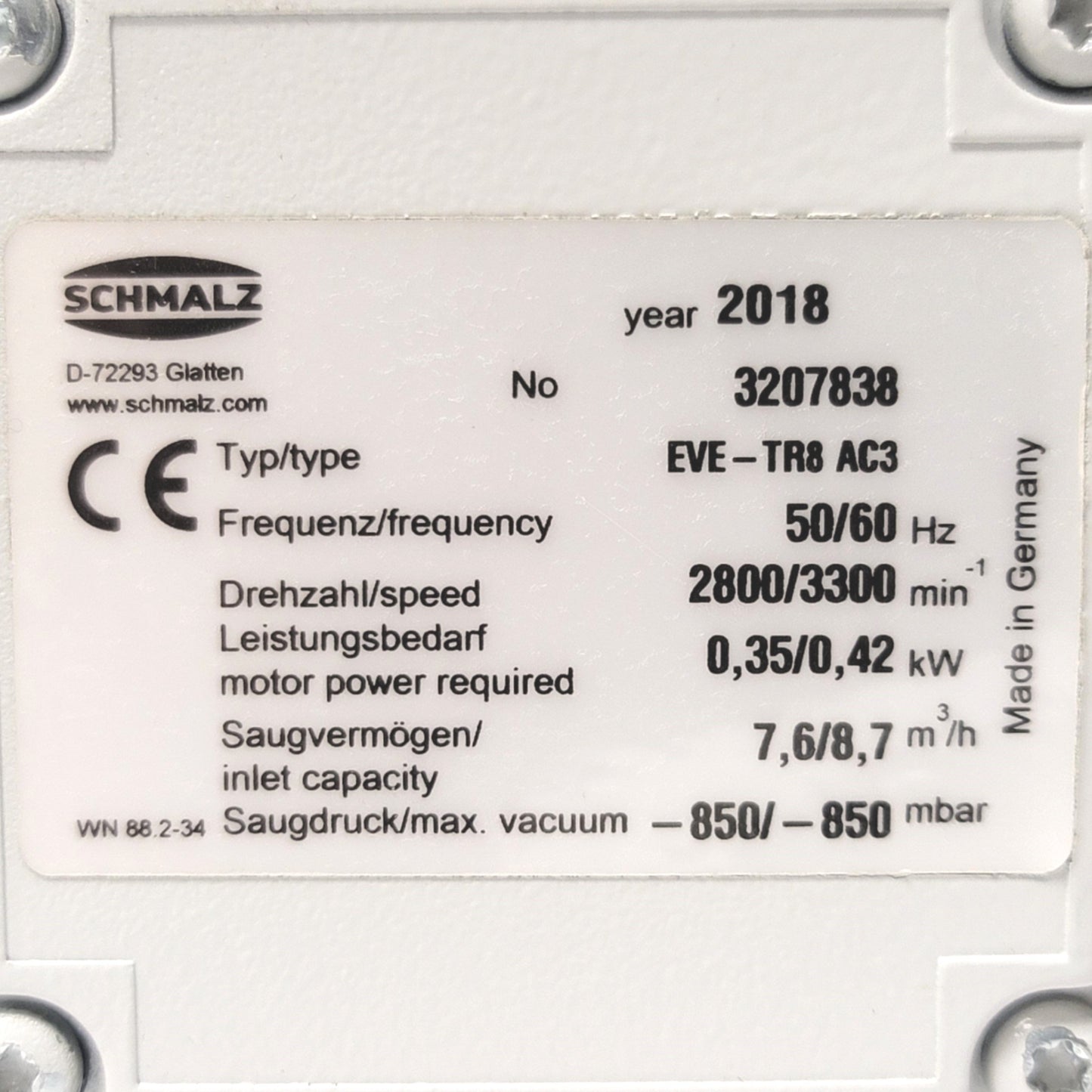 Used SCHMALZ EVE-TR 8 AC3 F Rotary Vane Vacuum Pump -850mbar, 230/460VAC 3-Ph