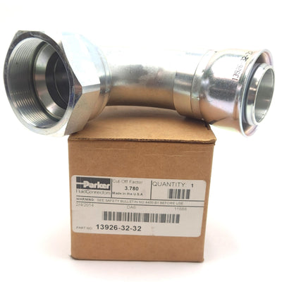 New Parker 13926-32-32 Parkrimp Permanent Female JIC 37° Fitting, 90° Elbow, Steel