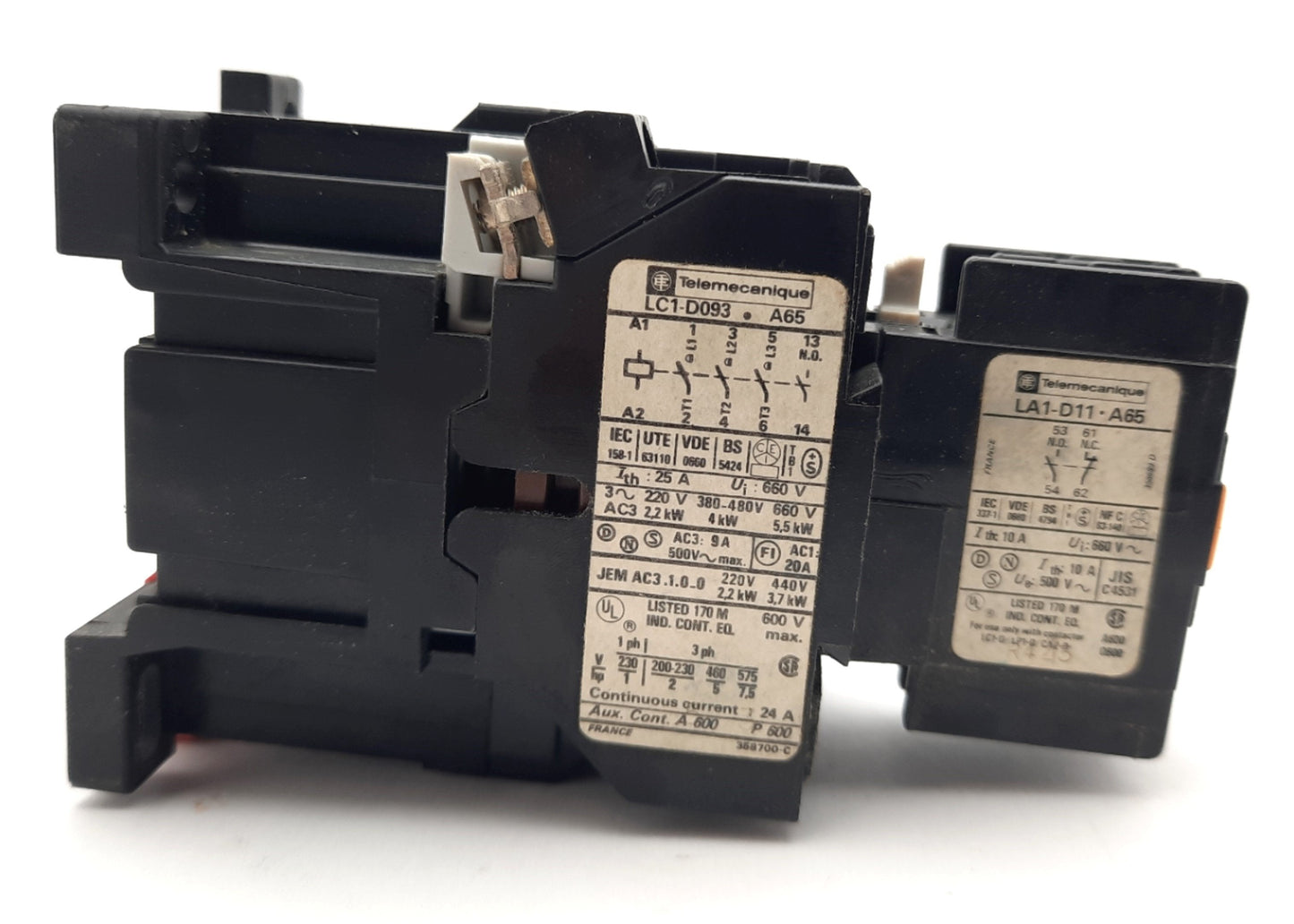 Used Telemecanique LC1-D093 A65 Contactor, 3-Pole W/ N/O Auxiliary, Coil: 48V 50-60Hz