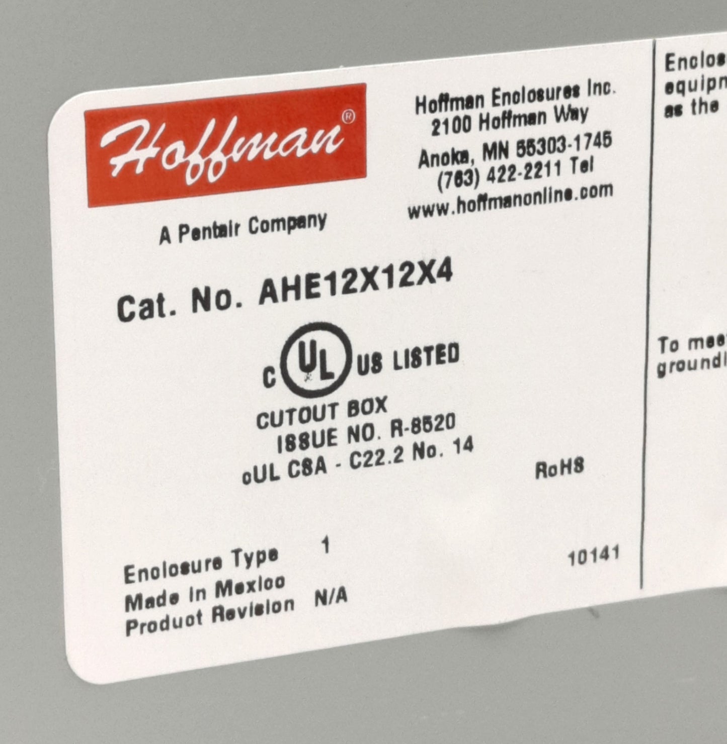 Used Hoffman AHE12X12X4 Electrical Enclosure, NEMA Type 1, 12" x 12" x 4", 16 Gauge