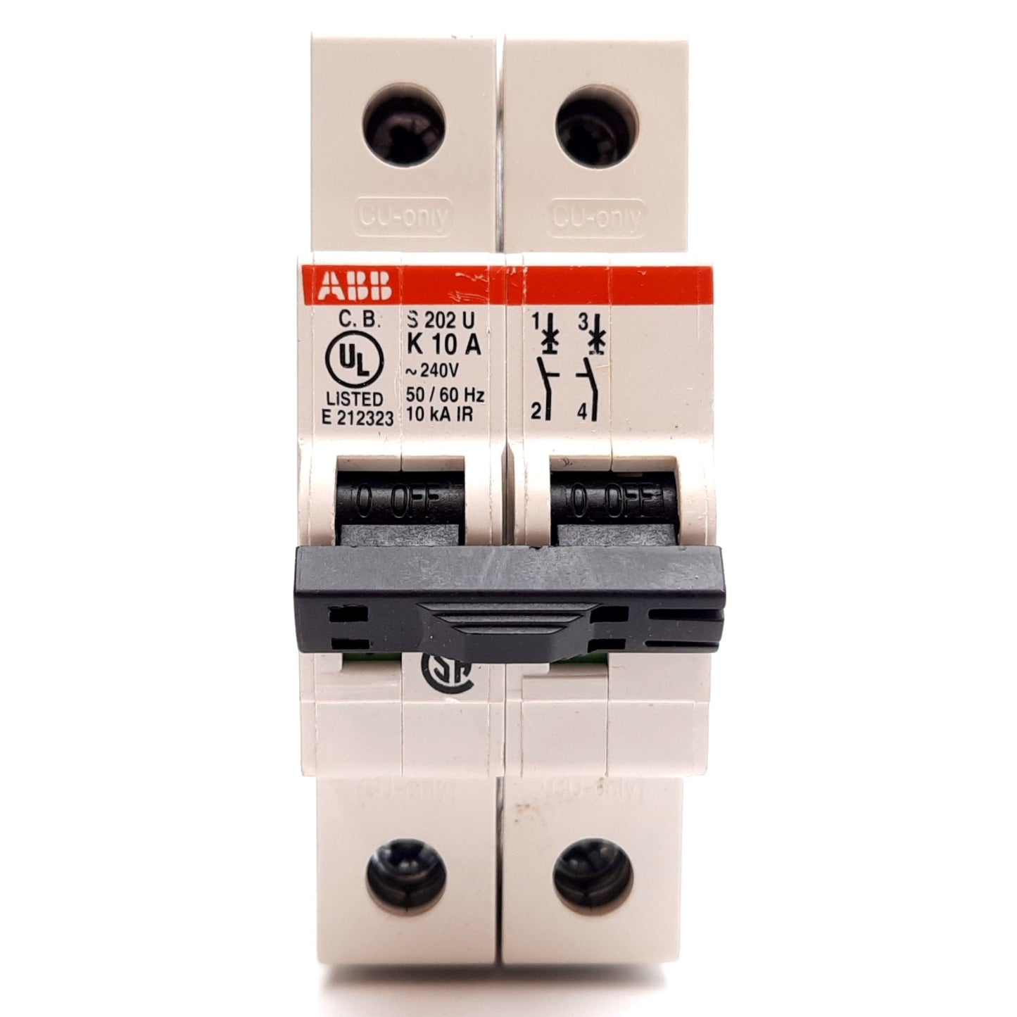 Used ABB S202U-K10 Circuit Breaker, 2-Pole, K-Curve, Rating: 10A 240VAC, DIN Rail