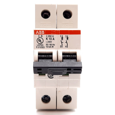 Used ABB S202U-K10 Circuit Breaker, 2-Pole, K-Curve, Rating: 10A 240VAC, DIN Rail