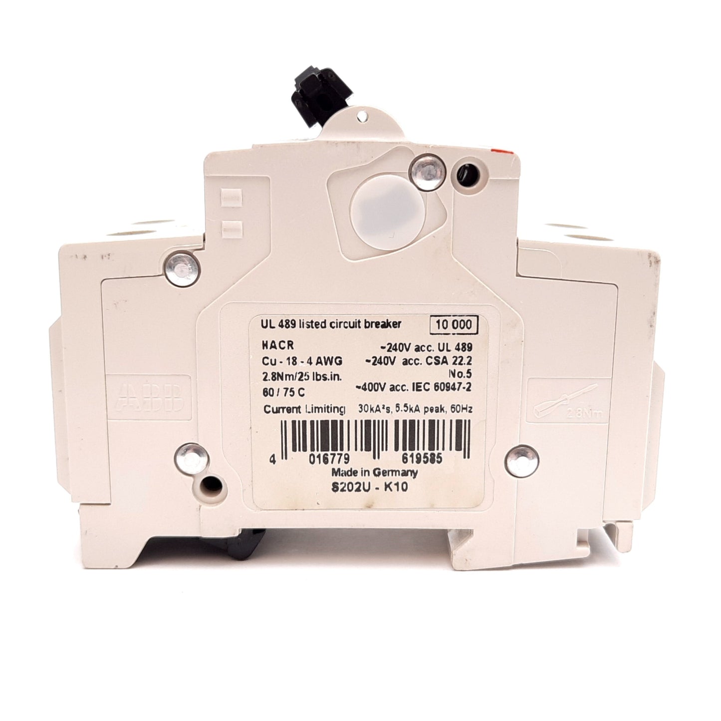 Used ABB S202U-K10 Circuit Breaker, 2-Pole, K-Curve, Rating: 10A 240VAC, DIN Rail