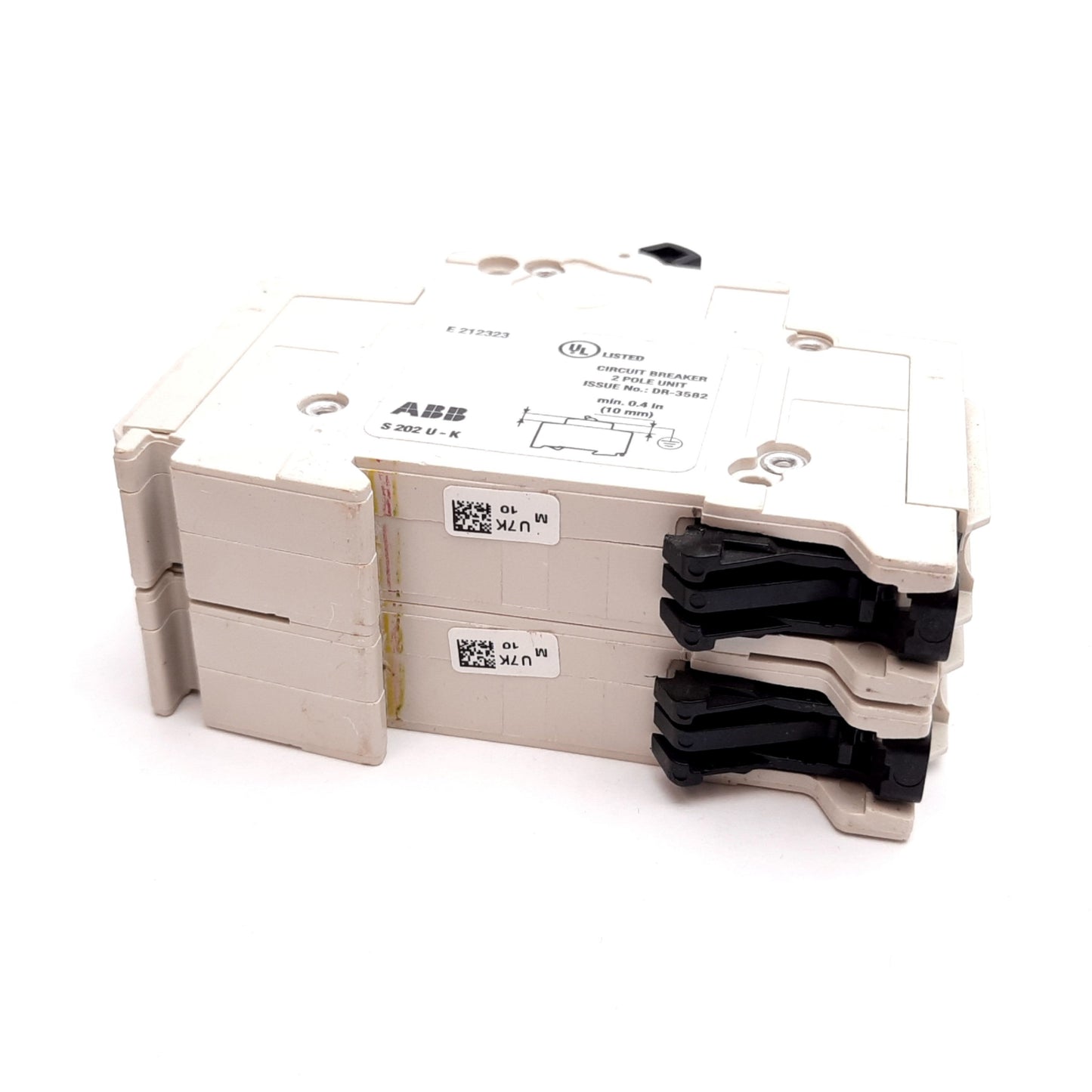 Used ABB S202U-K10 Circuit Breaker, 2-Pole, K-Curve, Rating: 10A 240VAC, DIN Rail