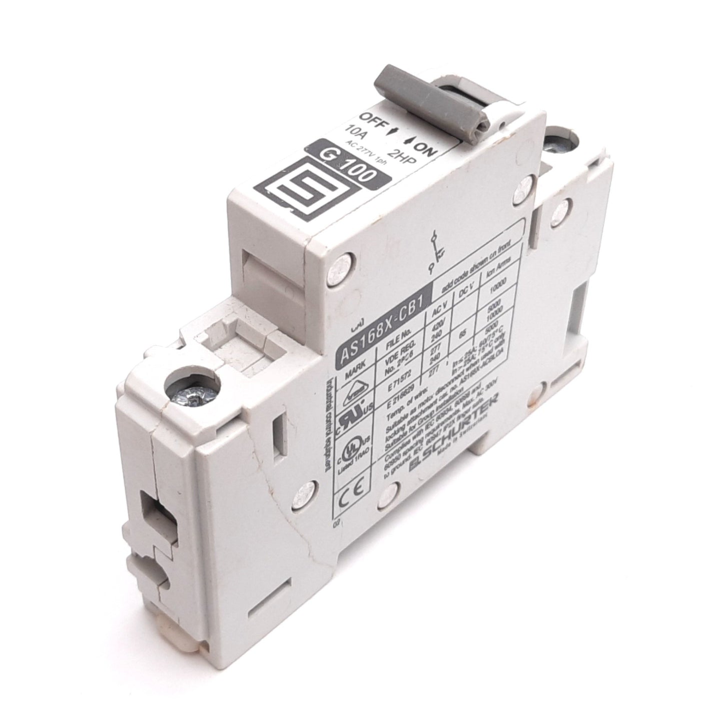 Used Schurter AS168X-CB1G100 Circuit Breaker, 1-Pole, Rating: 10A 277VAC, DIN Rail