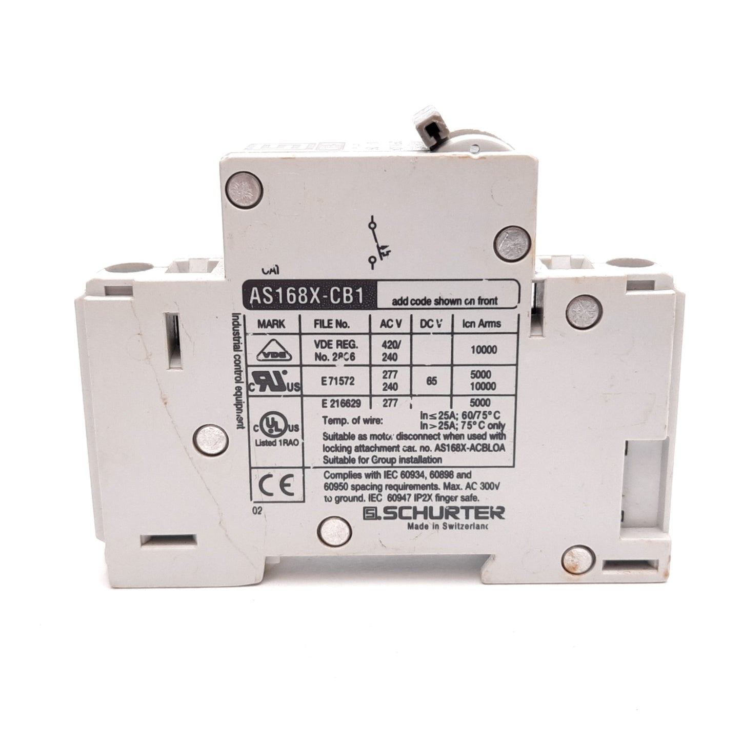 Used Schurter AS168X-CB1G100 Circuit Breaker, 1-Pole, Rating: 10A 277VAC, DIN Rail
