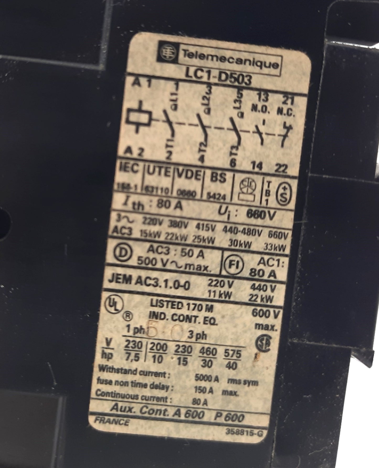 Used Schneider electric Telemecanique LC1-D503 Contactor 3 Pole 230/660VAC 50A 1NO/NC