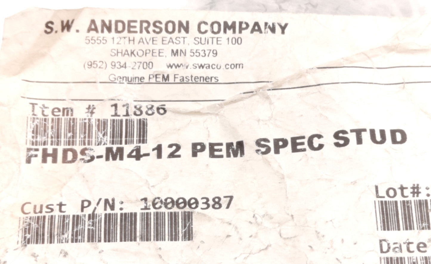 New – Open box Lot of 1000 SW Anderson FHDS-M4-12 PEM Threaded Stud, M4x0.7, 12mm Length