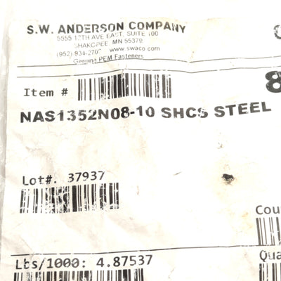New – Open box Lot of 100 SW Anderson NAS1352N08 SHCS Screw, 8-32 x 5/8", Stainless Steel