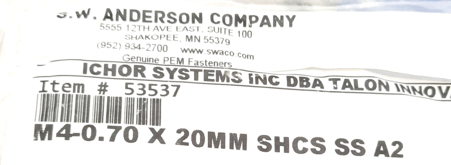 Used Lot of 350 SW Anderson M4-0.70x20mm SHCS SS A2 Screws, M4 Thread, 20mm Length