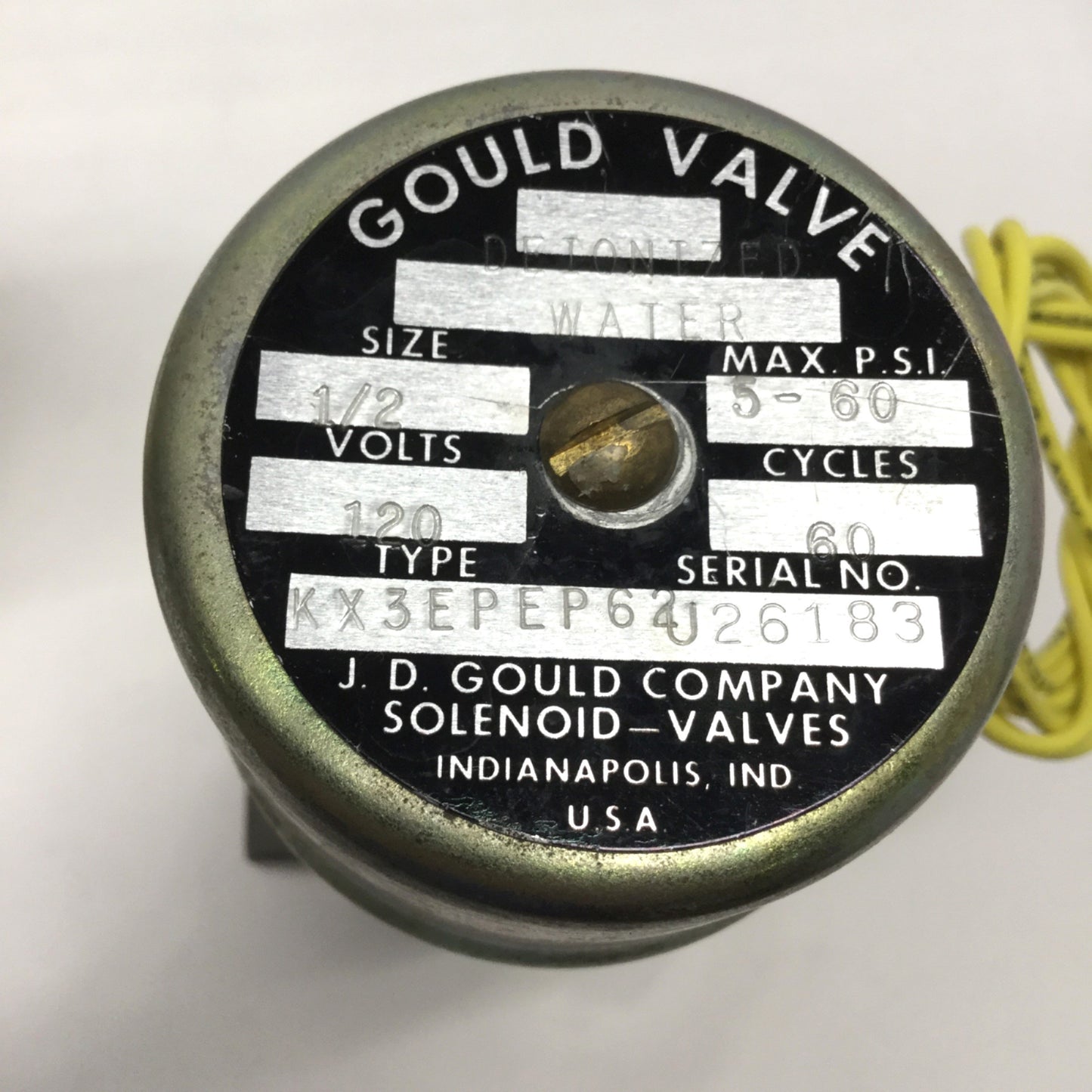 Used Gould KX3EPEP62 Deionized Water Solenoid NC Valve, 5-60psi, 1/2" NPT, 120VAC