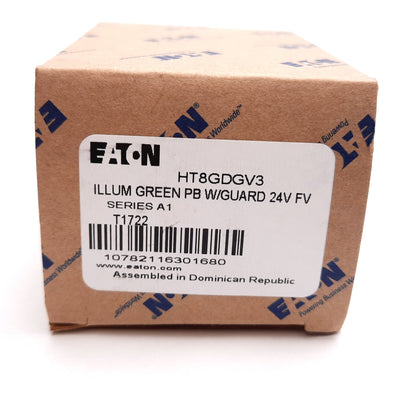 New Eaton HT8GDGV3 Illuminated Pushbutton, Green, Lamp: 24V, With Guard