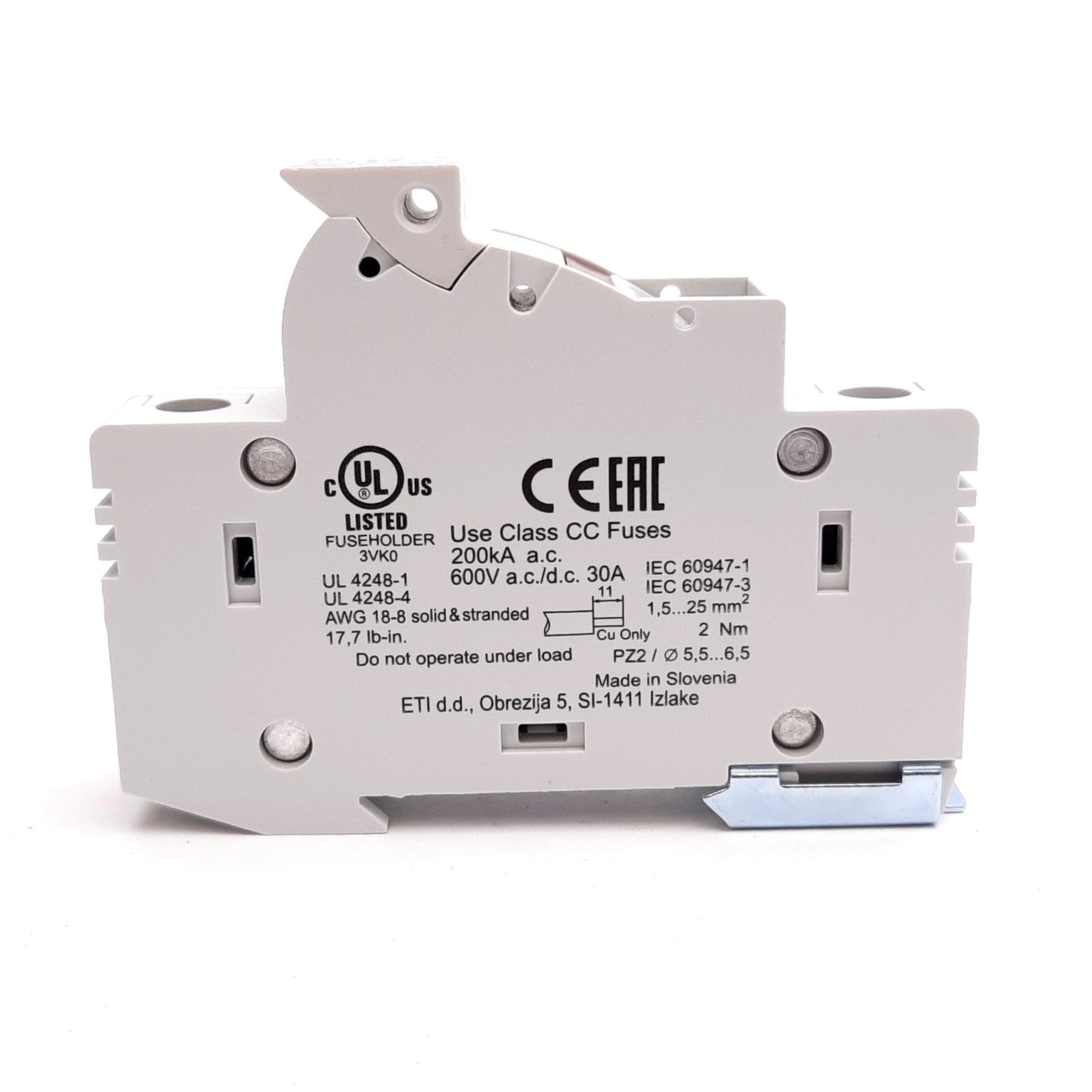 New ETI 002540111 EFD CC Fuse Holder, 1-Pole, Class CC Fuses, 600VAC 30A, DIN Rail