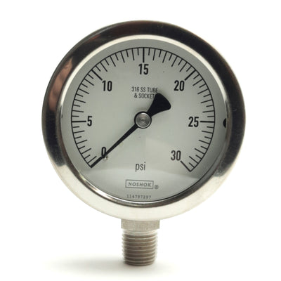 New Noshok 25-400-30-Psi-1/4 Pressure Gauge, 2.5" Dial, 0-30Psi, 1/4" NPT Male, SS