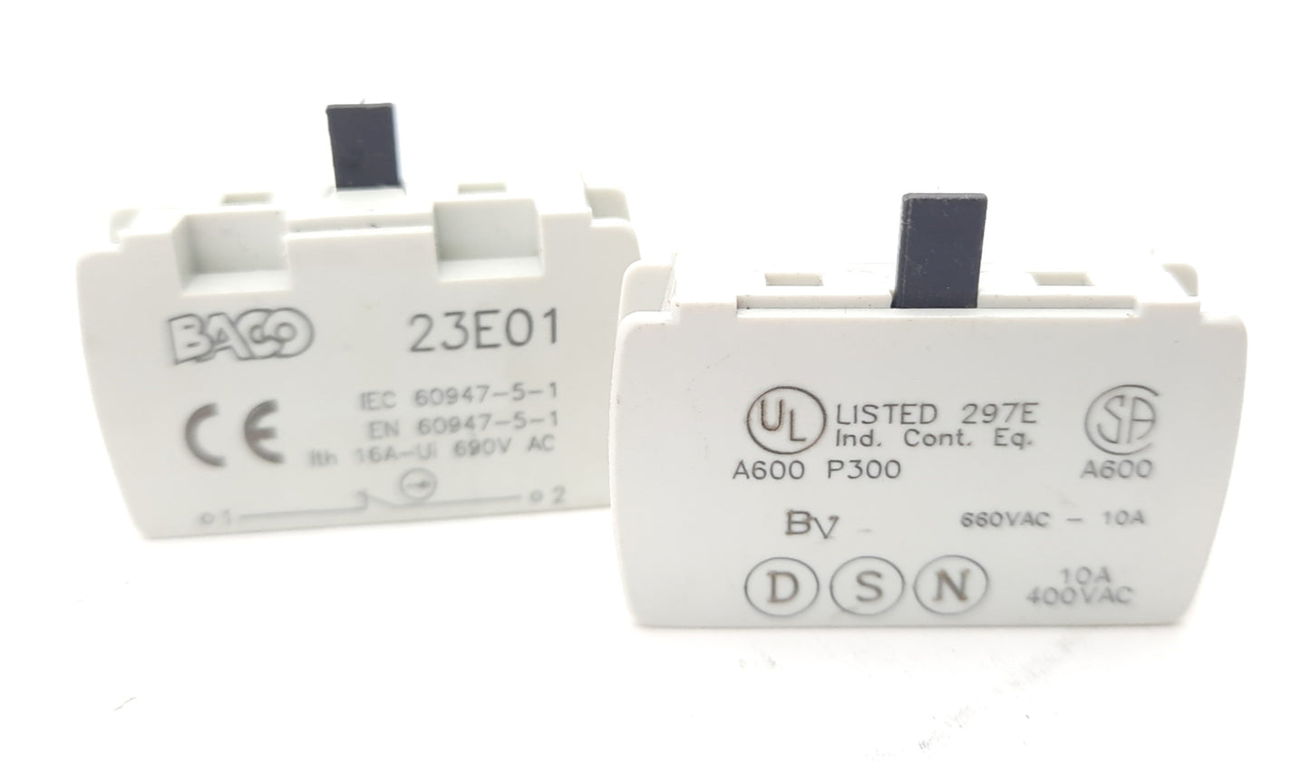 Used Lot of 2 Baco 23E01 Contact Block 380-690VAC 16Amp 1 N.C.
