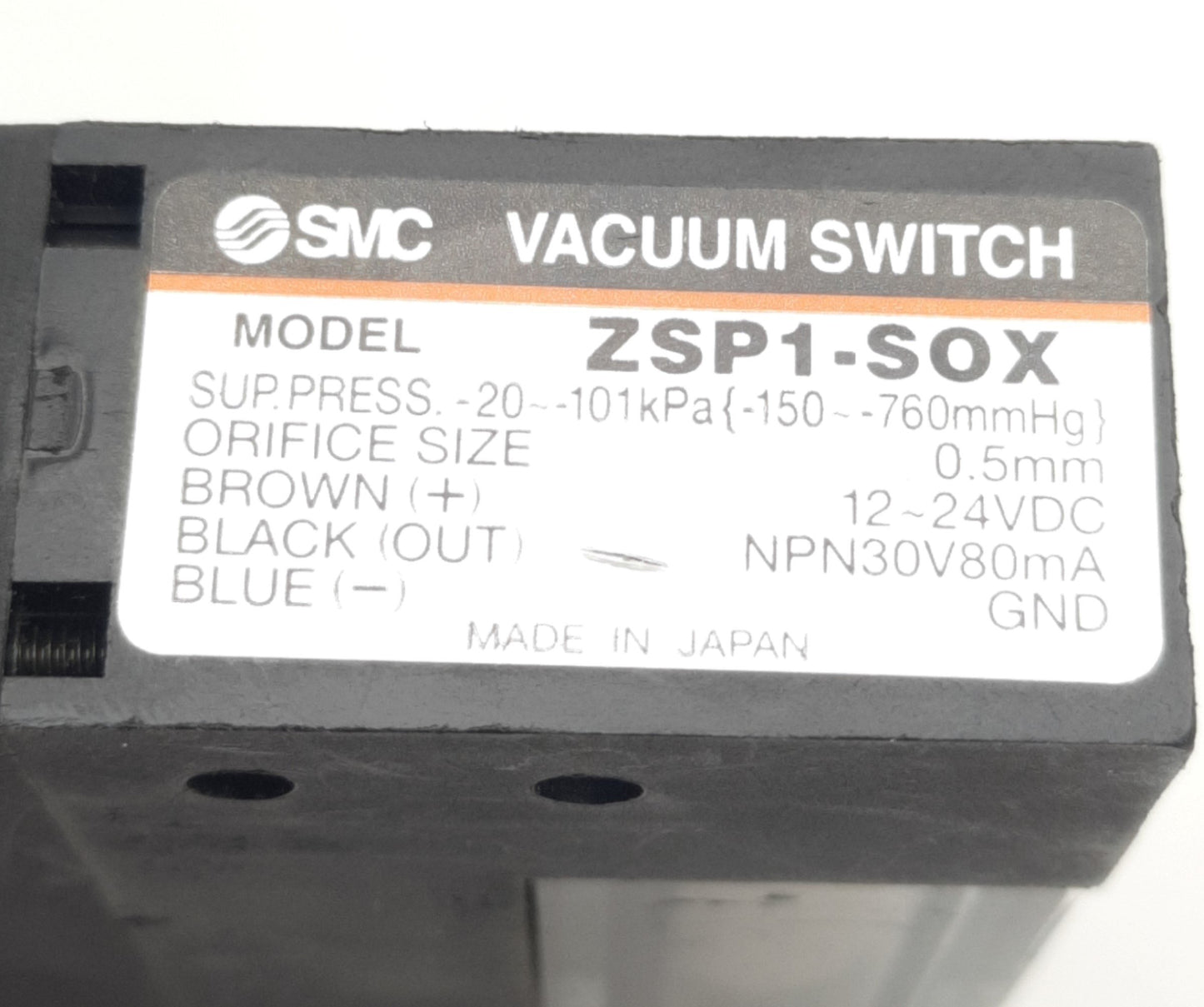 Used SMC ZSP1-S0X-15CN-D Vacuum Switch w/ (2x VJ114), NPN, 12-24V DC, -20 to -101kPa