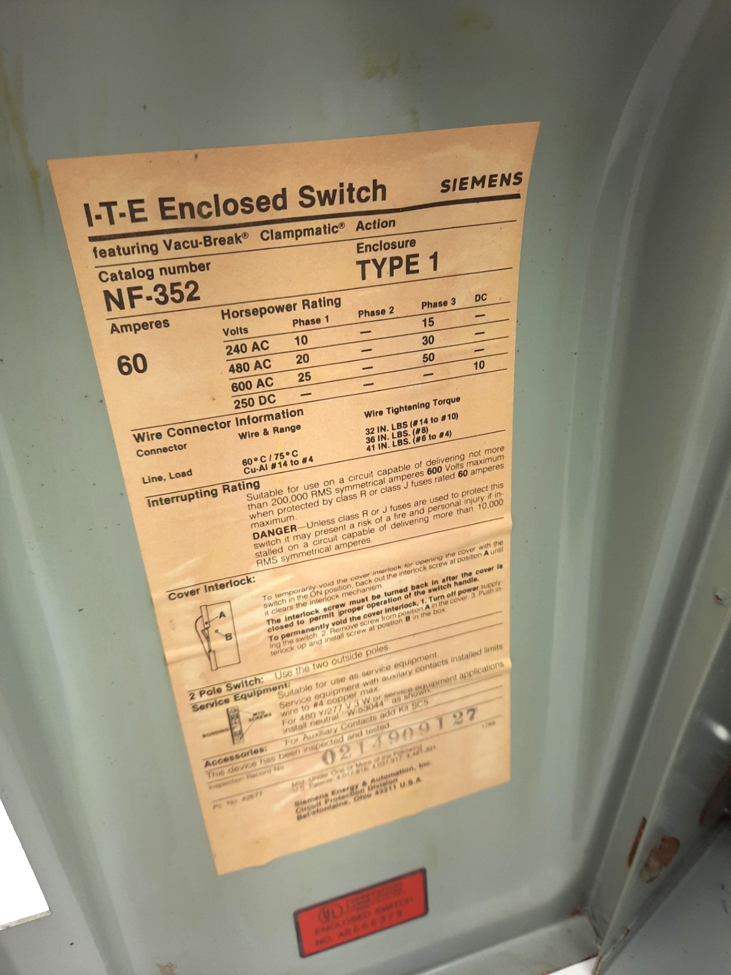 Used Siemens NF352 I-T-E Heavy Duty Enclosed Disconnect Switch 600VAC / 60A, 3-Phase