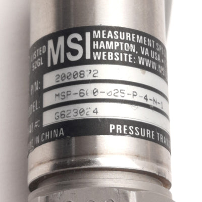 Used Measurment Specialties MSP-600-025-P-4-N-1 Pressure Transducer, 25 Psi, 1-5V DC