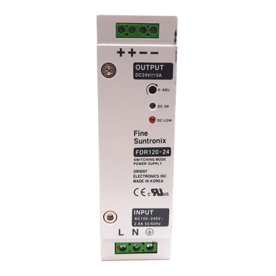 Used Fine Suntronix FDR120-24 Power Supply, Input: 100-240VAC 2.8A, Output: 24VDC 5A