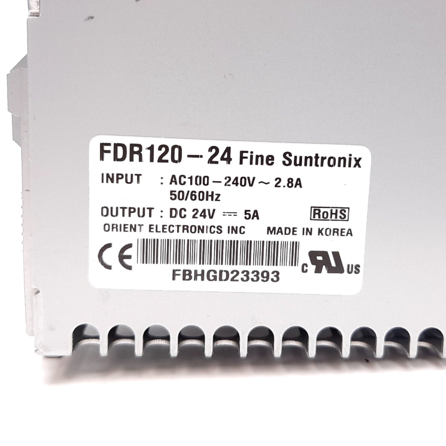 Used Fine Suntronix FDR120-24 Power Supply, Input: 100-240VAC 2.8A, Output: 24VDC 5A