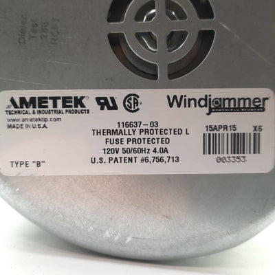 Used AMETEK 116637-03 Windjammer Blower Fan, 5.7", 130.5CFM, 1.75" In/Out, 120VAC 4A