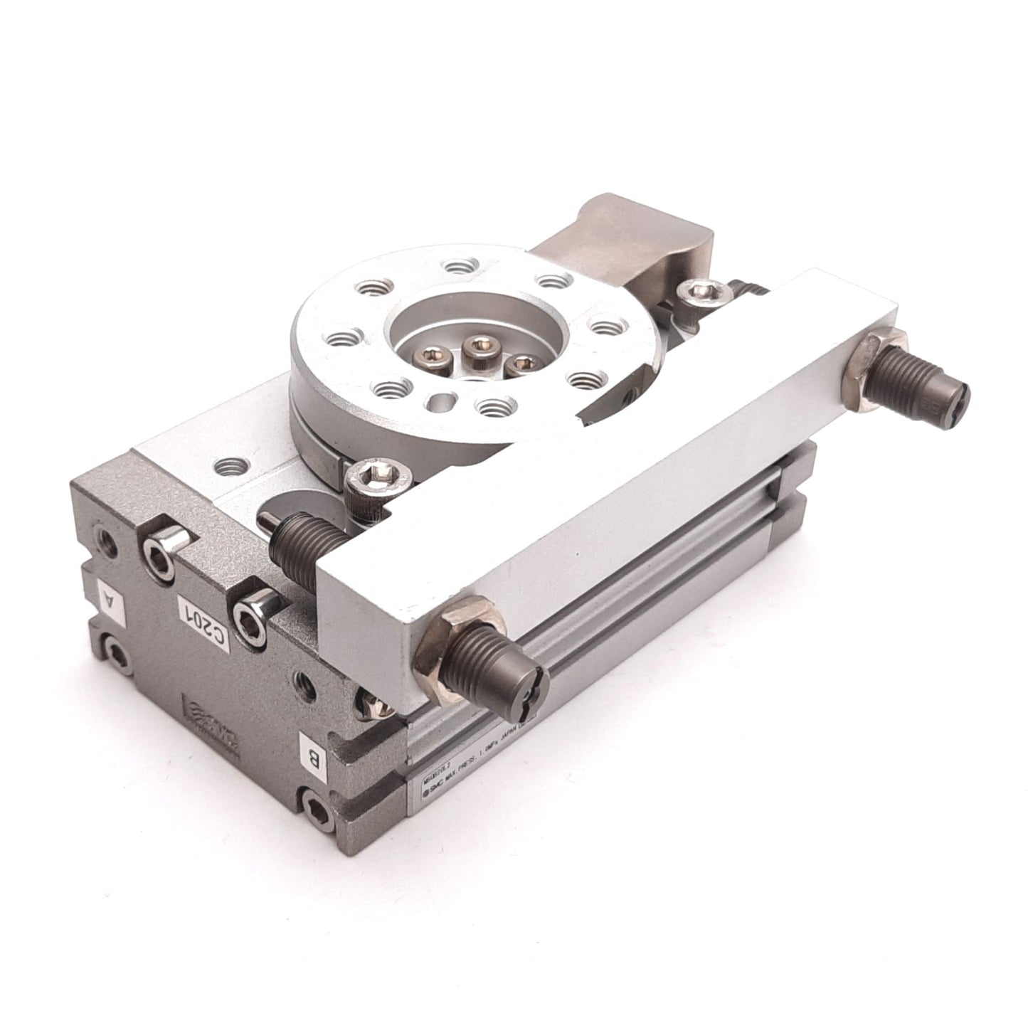 Used SMC MSQB20L2 Pneumatic Rotary Table, Bore: 18mm, Rotation: 180°, 1.0MPa, M5x0.8