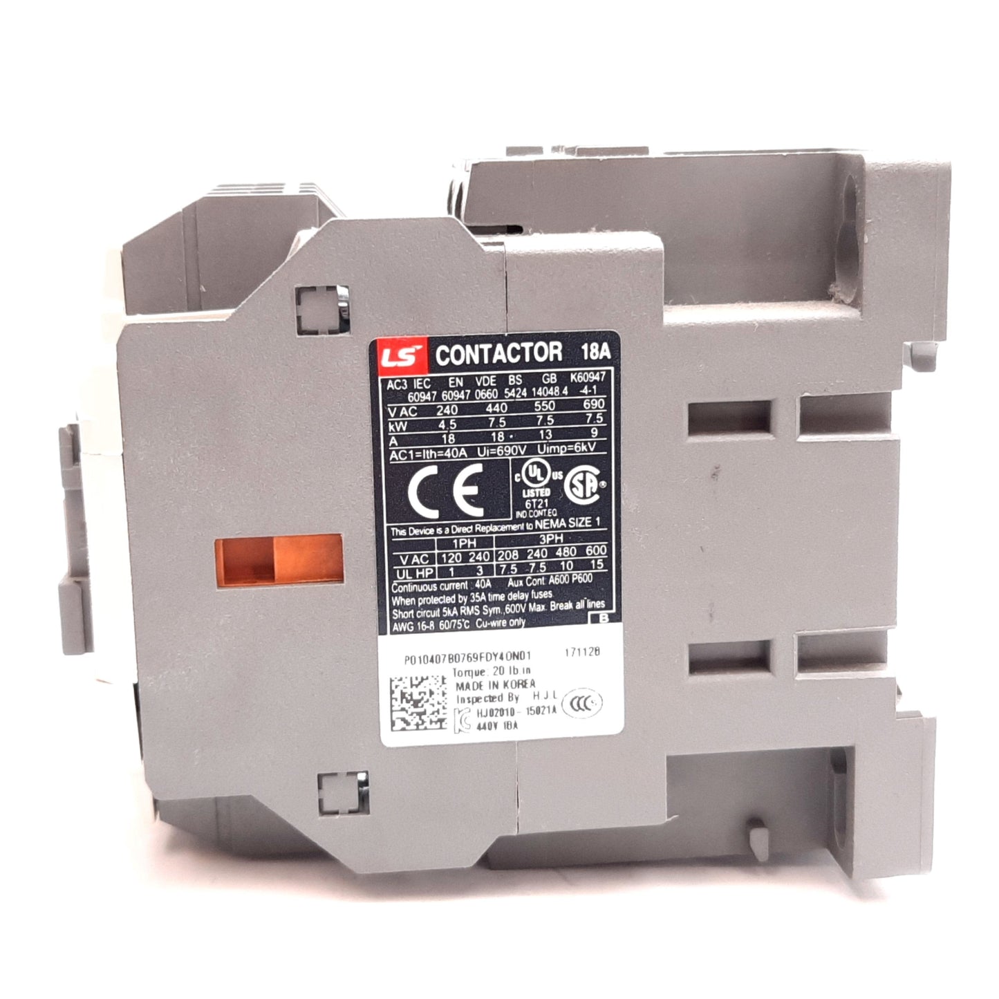 Used LS Electric MC-18b Contactor, 3-Pole W/ N/O & N/C Aux, Coil: 100-110VAC