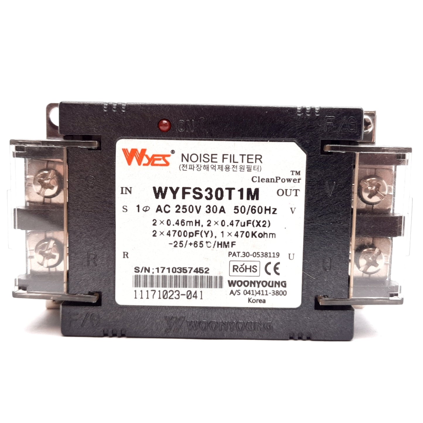 Used Woonyoung WYFS30T1M Wyes Noise Filter, Rating: 250VAC 30A 50/60Hz, 2x4700pF(Y)